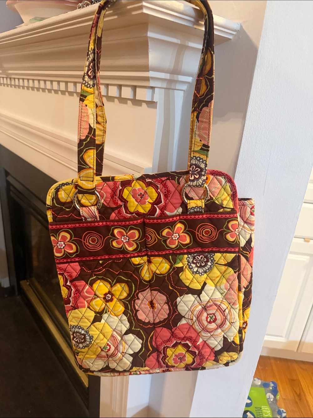 Vera Bradley Brown Quilted Floral Tote with Yellow and Pink Accents
